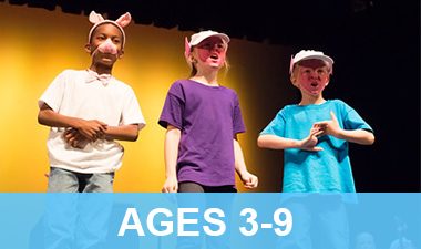 Three acting students performing the three little pigs for their recital.